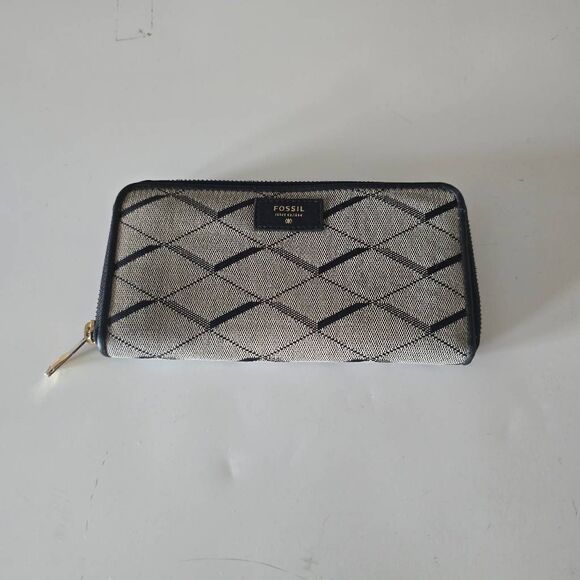Fossil Sydney Fab Zip Clutch Wallet Grey Black Pattern Fabric - Picture 1 of 5